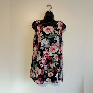 Who What Wear Black Floral Hi-Lo Sleeveless Blouse Round Neck Size L